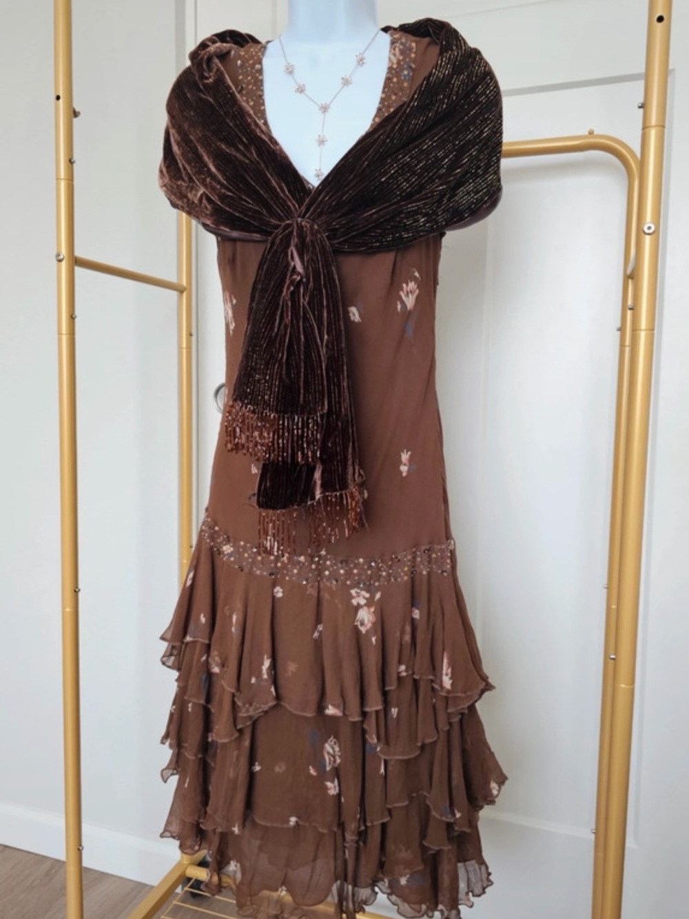 Brown Tiered Ruffle Maxi Dress with Velvet Wrap